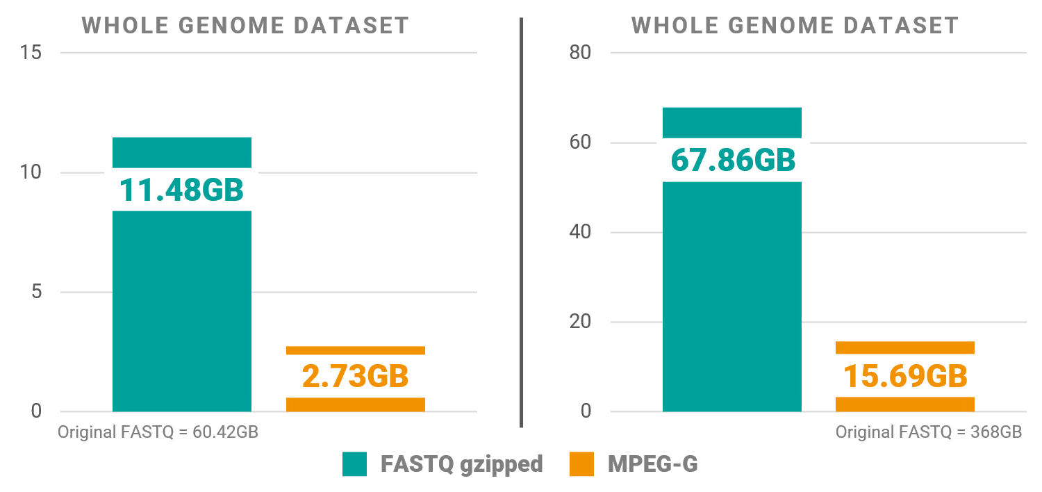 Comparison - File Sizes MPEG-G & FASTQ gzipped for WES/WGS datasets